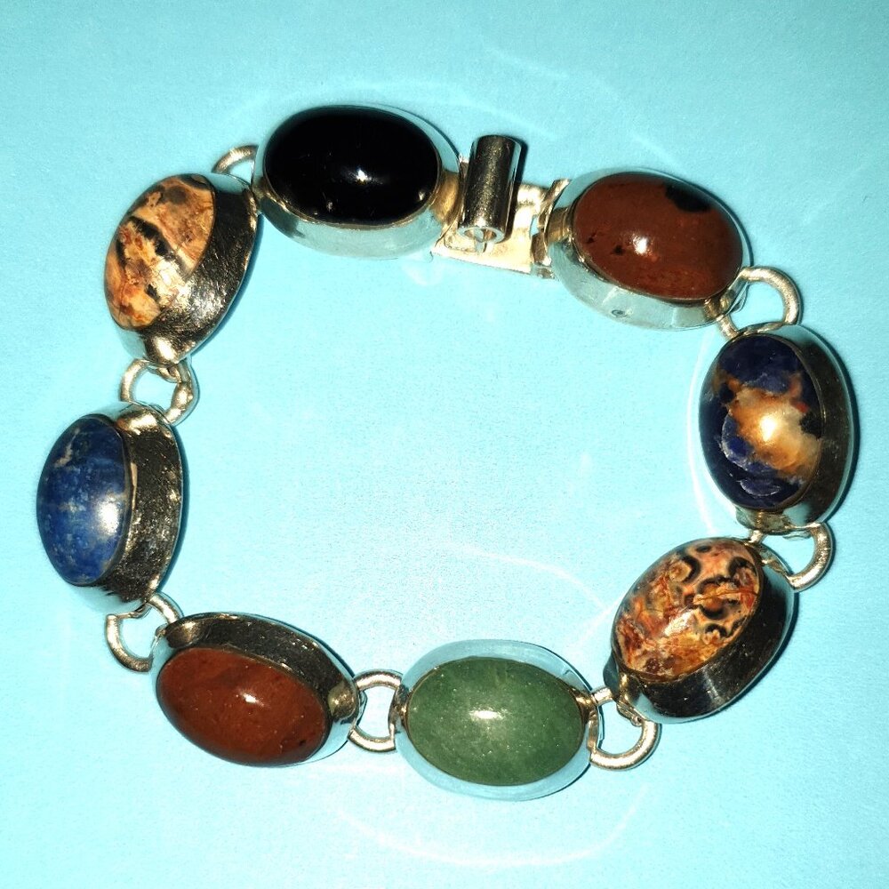 Chunky Vintage Taxco Mexico TH-75 Sterling Silver Multi-Gemstone Link Bracelet